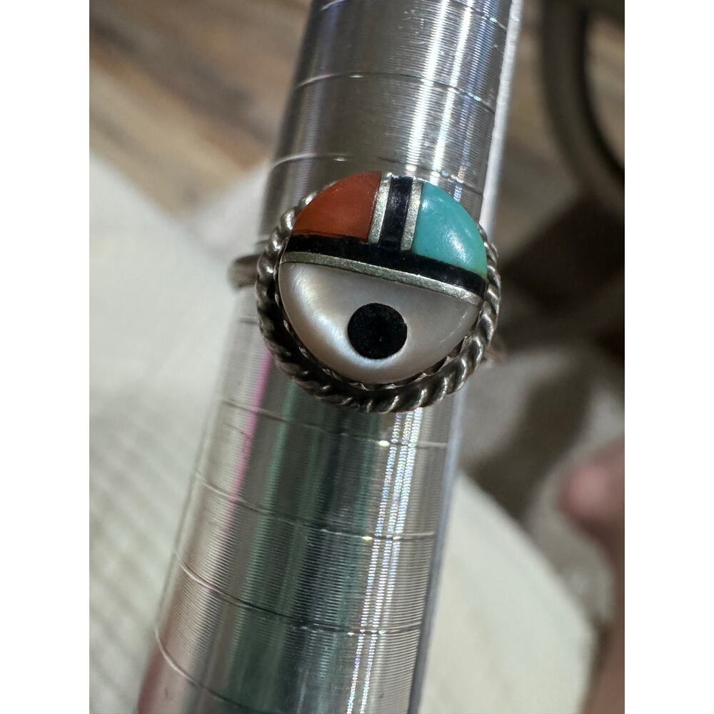 Vintage Zuni Sunface Inlay Ring | Turquoise, Coral, Mother of Pearl & Jet